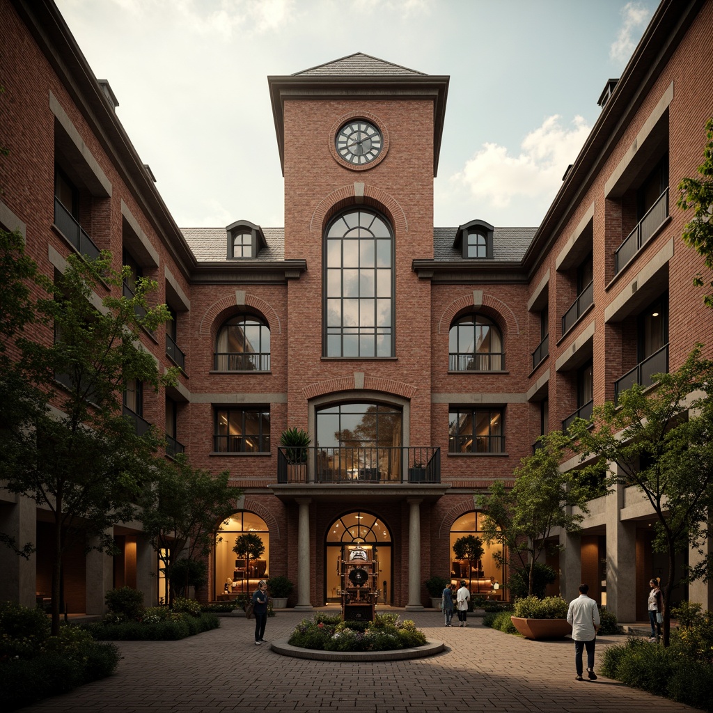 Prompt: Rustic energy plant, classical fa\u00e7ade design, stone walls, arched windows, ornate columns, grand entrance, majestic clock tower, symmetrical composition, vintage industrial machinery, copper pipes, steam engine components, exposed brick textures, earthy color palette, warm golden lighting, soft focus, 1/2 composition, atmospheric mist, realistic render.