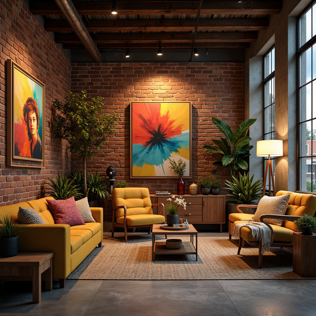 Prompt: Vibrant artistic studio, eclectic furniture, rich wood tones, bold color accents, textured fabrics, abstract artwork, modern industrial lighting, exposed brick walls, polished concrete floors, natural materials, earthy undertones, warm atmospheric glow, softbox lighting, 2/3 composition, cinematic angles, realistic reflections, subtle ambient occlusion.