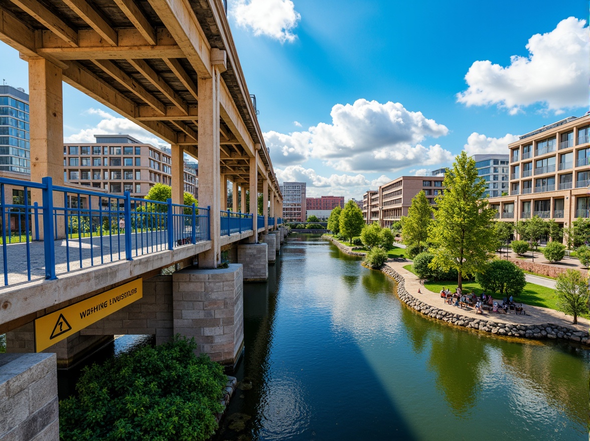 Prompt: Vibrant urban landscape, steel bridge structure, industrial modern architecture, warm beige concrete, cool gray metal accents, bold blue safety railings, bright yellow warning signs, lush greenery surroundings, calm river waters, sunny day with soft cloud cover, shallow depth of field, 3/4 composition, realistic textures, ambient occlusion.