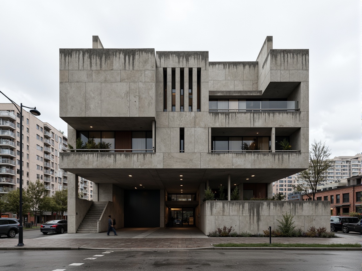 Prompt: Rugged brutalist building, raw concrete textures, fortress-like structure, asymmetrical composition, dramatic cantilevered volumes, bold geometric shapes, industrial materials, weathered steel accents, brutalist monumentality, urban context, cityscape backdrop, harsh overhead lighting, deep shadows, 1/1 composition, stark contrast, gritty urban atmosphere, functional simplicity, minimalist detailing, rough-hewn stone walls, aggressive lines, monumental scale, imposing presence, dramatic site integration.