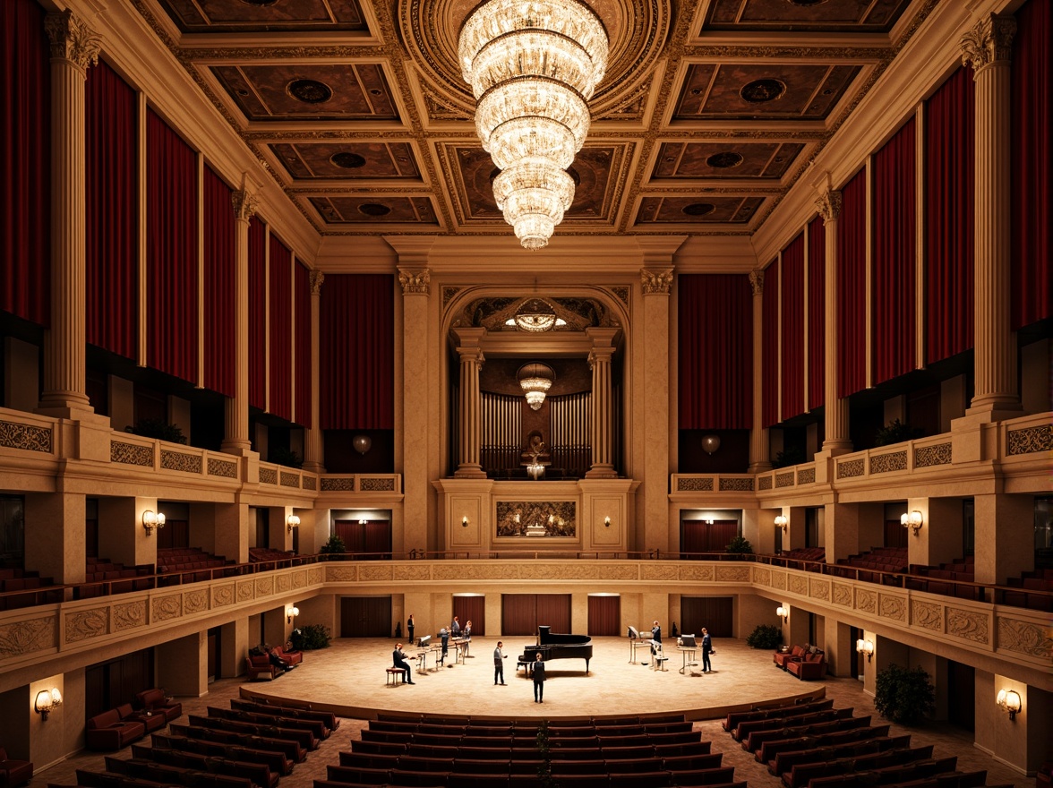 Prompt: Elegant concert hall, ornate chandeliers, rich wood paneling, velvet curtains, grand pianos, refined acoustic treatment, sound-absorbing materials, intricate moldings, ornamental columns, marble floors, crystal sconces, luxurious seating areas, intimate performance spaces, warm ambient lighting, soft focus spotlights, 2/3 composition, symmetrical framing, high-contrast textures, detailed architectural ornaments.