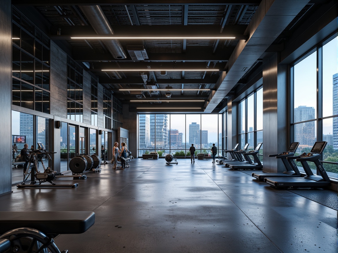 Prompt: Futuristic gymnasium interior, high-gloss epoxy resin floors, metallic silver walls, LED strip lighting, sleek steel beams, minimalist design, modern fitness equipment, rubber athletic flooring, mirrored surfaces, floor-to-ceiling windows, abundant natural light, urban cityscape views, evening ambient lighting, shallow depth of field, 1/1 composition, realistic reflections, ambient occlusion.