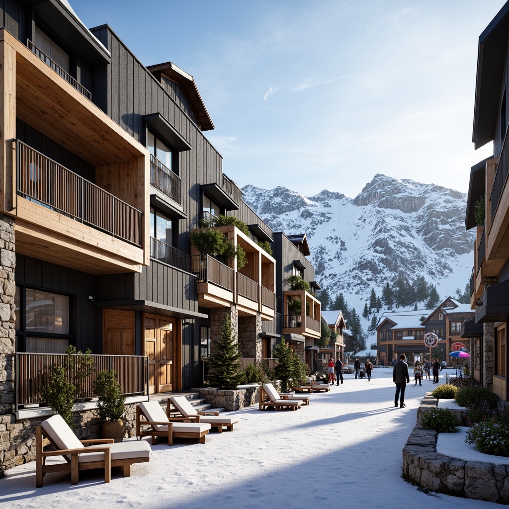 Prompt: Vibrant ski resort, eclectic architecture, wooden accents, rustic stone walls, metal roofs, bold color schemes, playful patterns, vintage ski equipment, distressed wood textures, reclaimed lumber, natural fabrics, earthy tones, snow-capped mountains, frosty mornings, soft powdery snow, warm cozy fireplaces, rustic wooden benches, modern amenities, state-of-the-art ski lifts, panoramic views, dramatic mountain vistas, soft focus, shallow depth of field, 1/1 composition, cinematic lighting, realistic atmospheric effects.