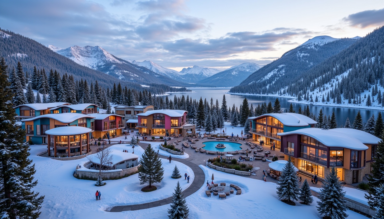 Prompt: Snow-capped mountains, frozen lakes, evergreen trees, eclectic ski center, vibrant colorful buildings, irregular shapes, mismatched windows, asymmetrical roofs, wooden accents, stone foundations, modern amenities, luxury lounges, crackling fireplaces, warm ambient lighting, cozy atmosphere, snowy terrain, rugged cliffs, winding trails, chairlifts, gondolas, snowshoes, sledges, frosty mornings, soft powdery snow, misty foggy days, dramatic sunsets, 3/4 composition, shallow depth of field, panoramic view, realistic textures, ambient occlusion.