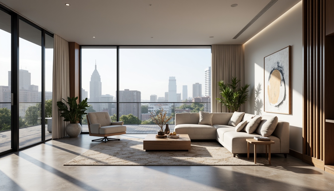 Prompt: Minimalist living room, sleek low-profile furniture, polished marble floors, floor-to-ceiling windows, sliding glass doors, urban cityscape views, modern abstract artwork, geometric patterned rugs, ambient soft lighting, 1/1 composition, shallow depth of field, panoramic view, realistic textures, subtle color palette, Scandinavian-inspired design, functional storage solutions, hidden appliances, integrated technology, sound-absorbing acoustic panels.