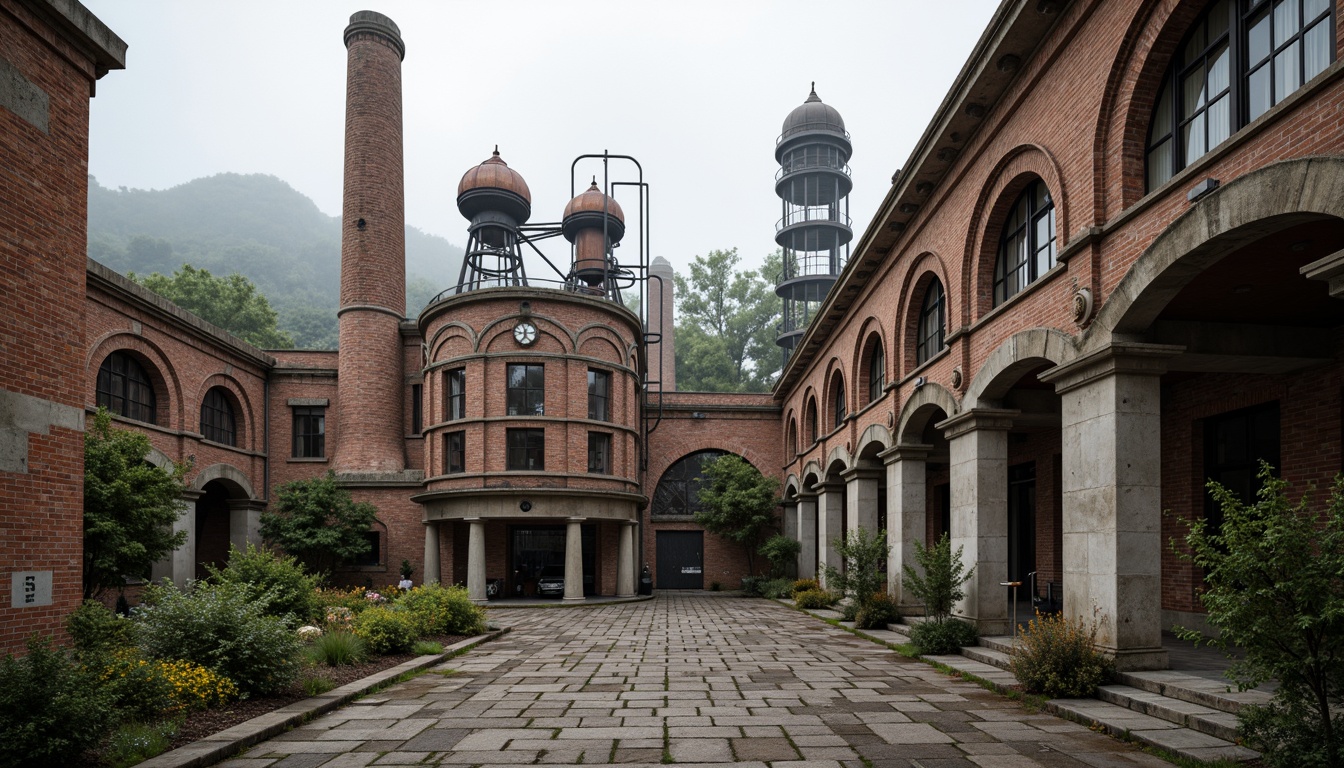 Prompt: Rustic industrial landscape, abandoned factory, old brick chimneys, worn concrete walls, ornate classical columns, intricate stone carvings, grand entrance archways, symmetrical facade composition, majestic clock towers, industrial-era machinery, copper pipes, vintage valves, steam engine details, distressed metal textures, weathered wooden accents, overcast day, soft diffused lighting, shallow depth of field, 1/1 composition, realistic rust effects, ambient occlusion.