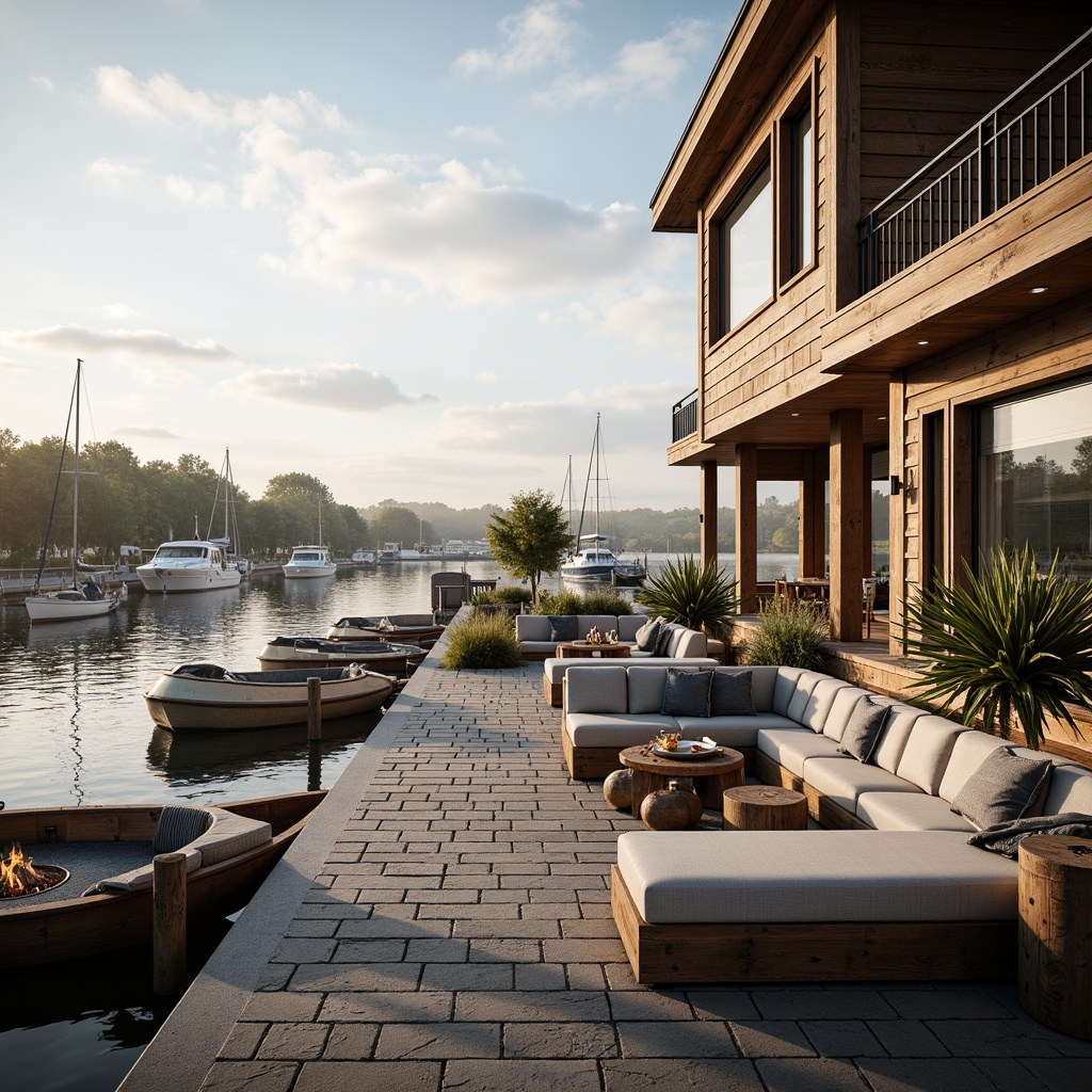 Prompt: Waterfront boathouse, nautical theme, rustic wooden docks, sailboats, yachts, seagulls, calm lake waters, serene misty mornings, warm sunny afternoons, cozy outdoor fireplaces, plush sectional sofas, natural stone patios, reclaimed wood accents, vintage navigational instruments, soft warm lighting, shallow depth of field, 3/4 composition, panoramic view, realistic textures, ambient occlusion.