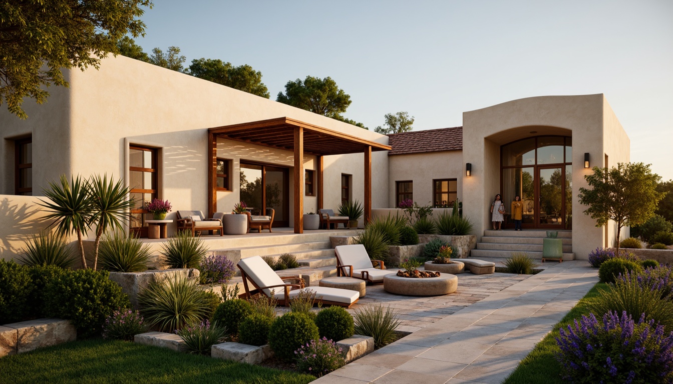 Prompt: Earth-toned villa, natural stone walls, curved lines, organic forms, lush greenery, vibrant flowers, wooden accents, earthy brown doors, warm beige windows, soft cream-colored stucco, terracotta roof tiles, rustic metal fixtures, cozy outdoor seating areas, lantern-style lighting, serene ambiance, warm golden hour, shallow depth of field, 1/1 composition, realistic textures, ambient occlusion.