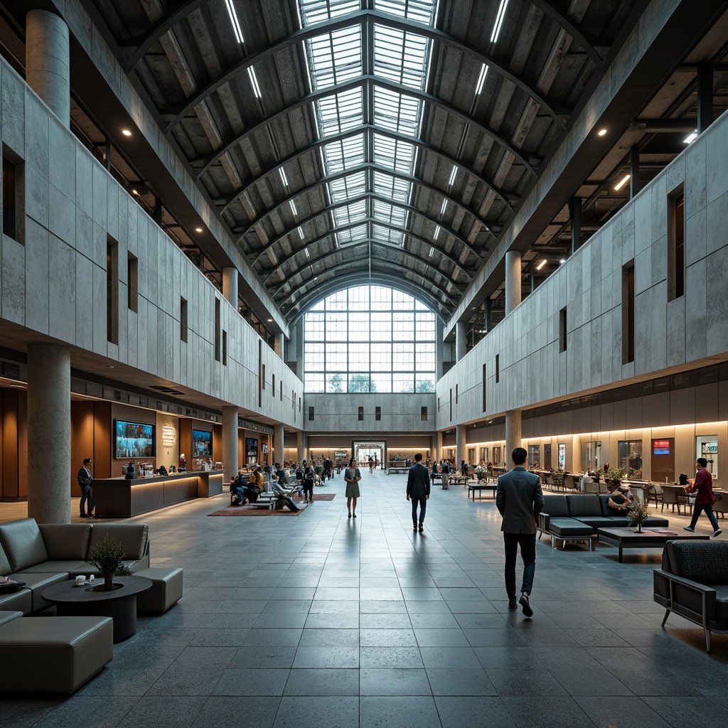 Prompt: Exposed concrete walls, rugged stone floors, industrial metal beams, dramatic high ceilings, abundant natural light, vast open spaces, brutalist architecture, functional minimalism, raw unfinished textures, cold color palette, steel columns, reinforced glass, modern airport facilities, sleek check-in counters, futuristic luggage systems, airy waiting areas, comfortable seating zones, warm ambient lighting, shallow depth of field, 1/2 composition, realistic reflections.