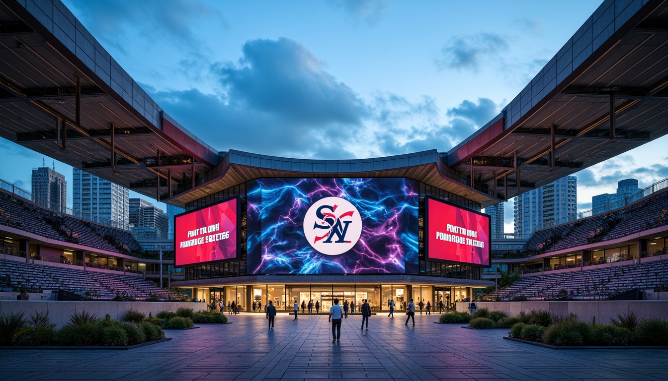 Prompt: Dynamic sports stadium, angular metallic fa\u00e7ade, sleek glass panels, cantilevered roofs, oversized LED screens, vibrant team color schemes, modern athletic fonts, bold geometric patterns, urban cityscape backdrop, cloudy blue sky, dramatic spotlighting, high-contrast shadows, 1/2 composition, symmetrical architecture, polished concrete flooring, gleaming steel beams, energetic atmosphere, fast-paced action shots.