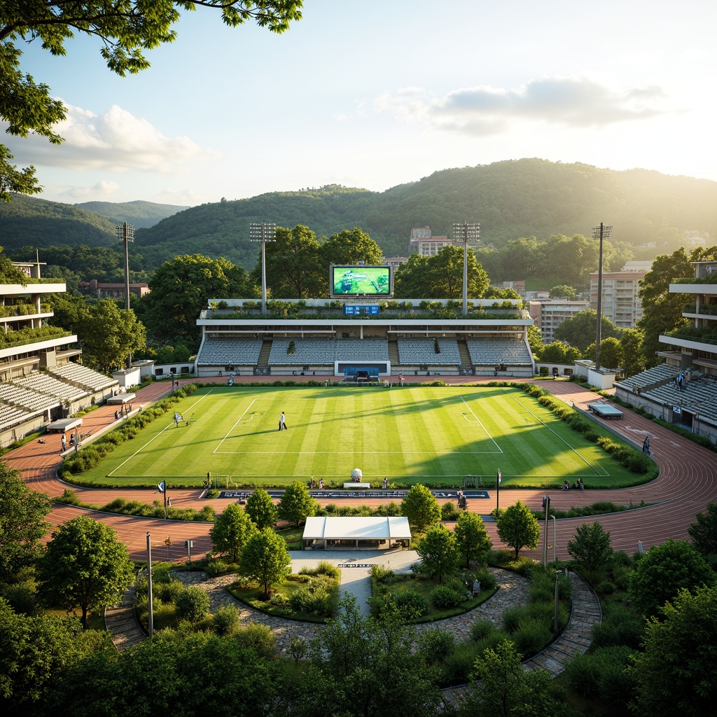 Prompt: Eco-friendly sports stadium, lush green roof, native plant species, rainwater harvesting systems, solar-powered scoreboard, recycled rubber tracks, natural stone seating areas, organic food vendors, composting facilities, educational signage, wind turbines, shaded spectator zones, misting systems, panoramic views, 3/4 composition, soft warm lighting, realistic textures, ambient occlusion.