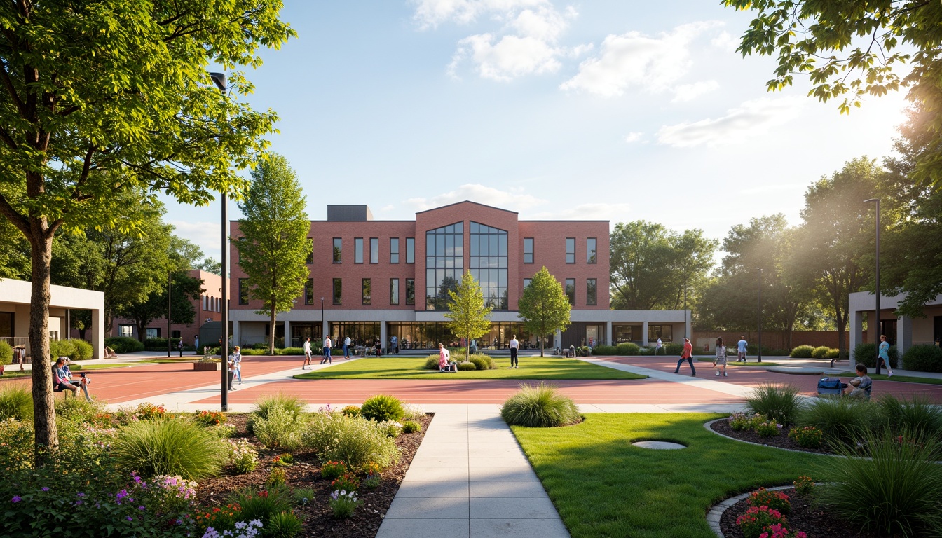 Prompt: Serene outdoor courtyard, lush greenery, vibrant flowers, athletic track, sports equipment, modern gymnasium architecture, large windows, glass doors, blooming trees, sunny day, soft warm lighting, shallow depth of field, 3/4 composition, panoramic view, realistic textures, ambient occlusion, eco-friendly materials, sustainable energy solutions, outdoor seating areas, misting systems, natural stone walkways, minimalist design, angular lines, innovative cooling technologies.