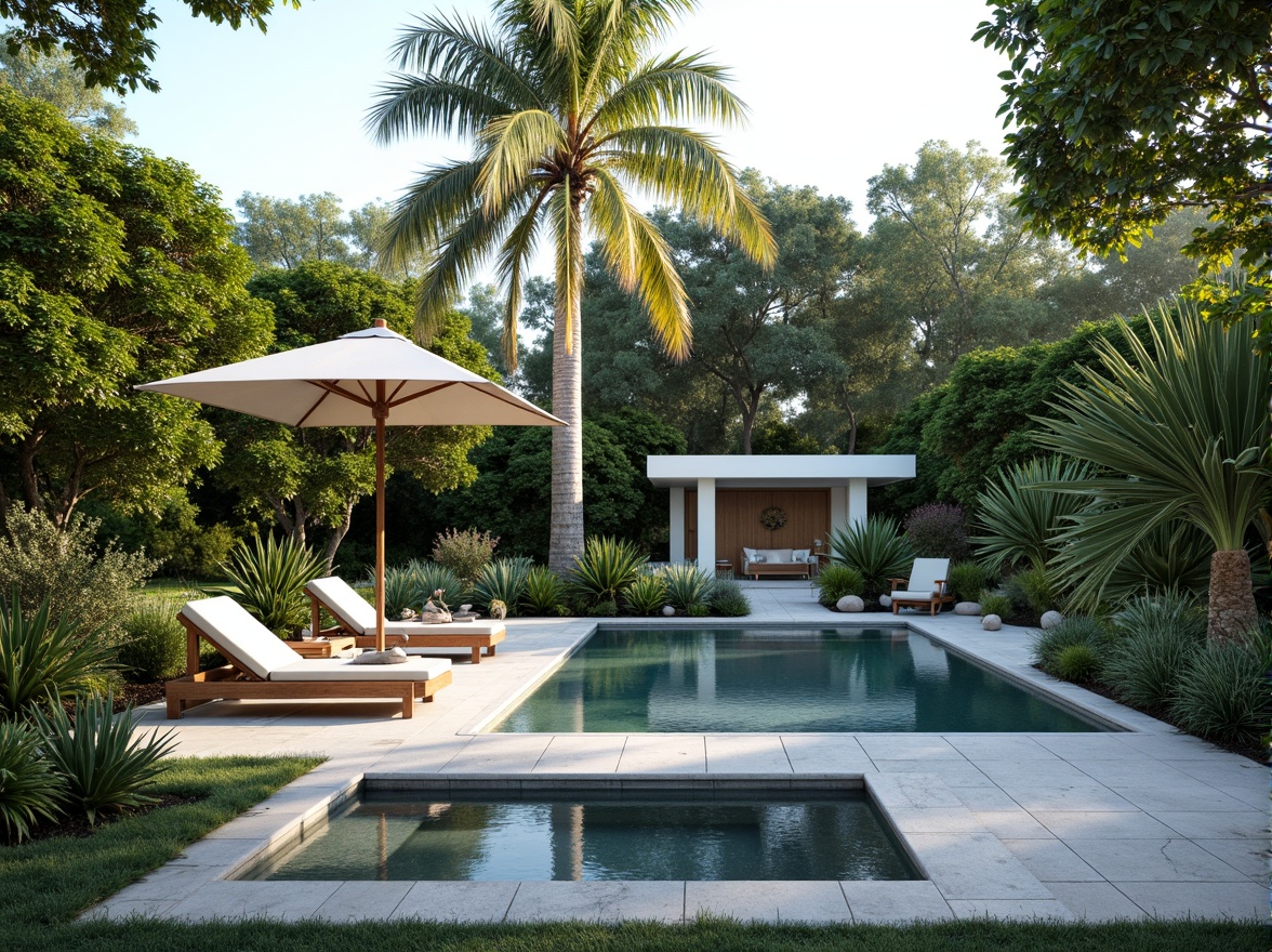 Prompt: Sleek pool design, minimalist landscaping, simple yet elegant water features, rectangular pool shape, clean lines, neutral color palette, natural stone surroundings, lush greenery, tropical plants, wooden deck chairs, modern outdoor furniture, cantilevered umbrella, shaded lounge areas, soft warm lighting, shallow depth of field, 3/4 composition, panoramic view, realistic textures, ambient occlusion.