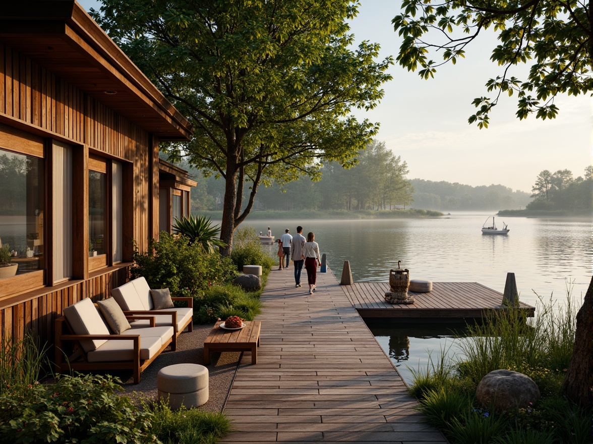 Prompt: Cozy boathouse, wooden dock, serene lake views, lush greenery, vibrant flowers, rustic outdoor furniture, nautical decor, warm string lights, soft warm lighting, shallow depth of field, 1/1 composition, panoramic view, realistic textures, ambient occlusion, tranquil atmosphere, gentle water ripples, misty morning, sunny afternoon, comfortable seating areas, natural stone pathways, weathered wood accents.