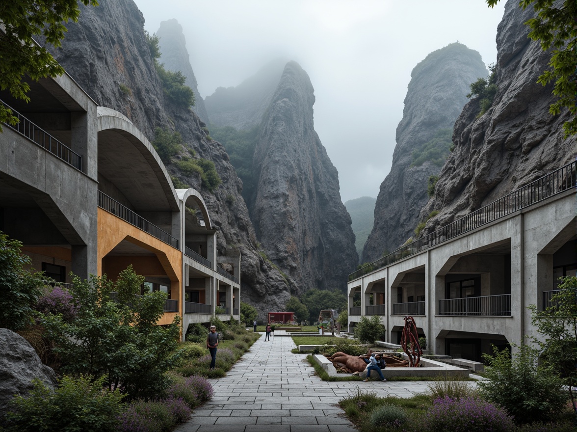 Prompt: Rugged mountainside, dramatic rock formations, misty atmosphere, meandering stone pathways, fragmented concrete structures, geometric metal accents, cantilevered overhangs, bold color blocking, abstract sculpture installations, industrial material palette, brutalist architecture, asymmetrical compositions, high-contrast lighting, shallow depth of field, 2/3 composition, cinematic perspective, realistic textures, ambient occlusion.