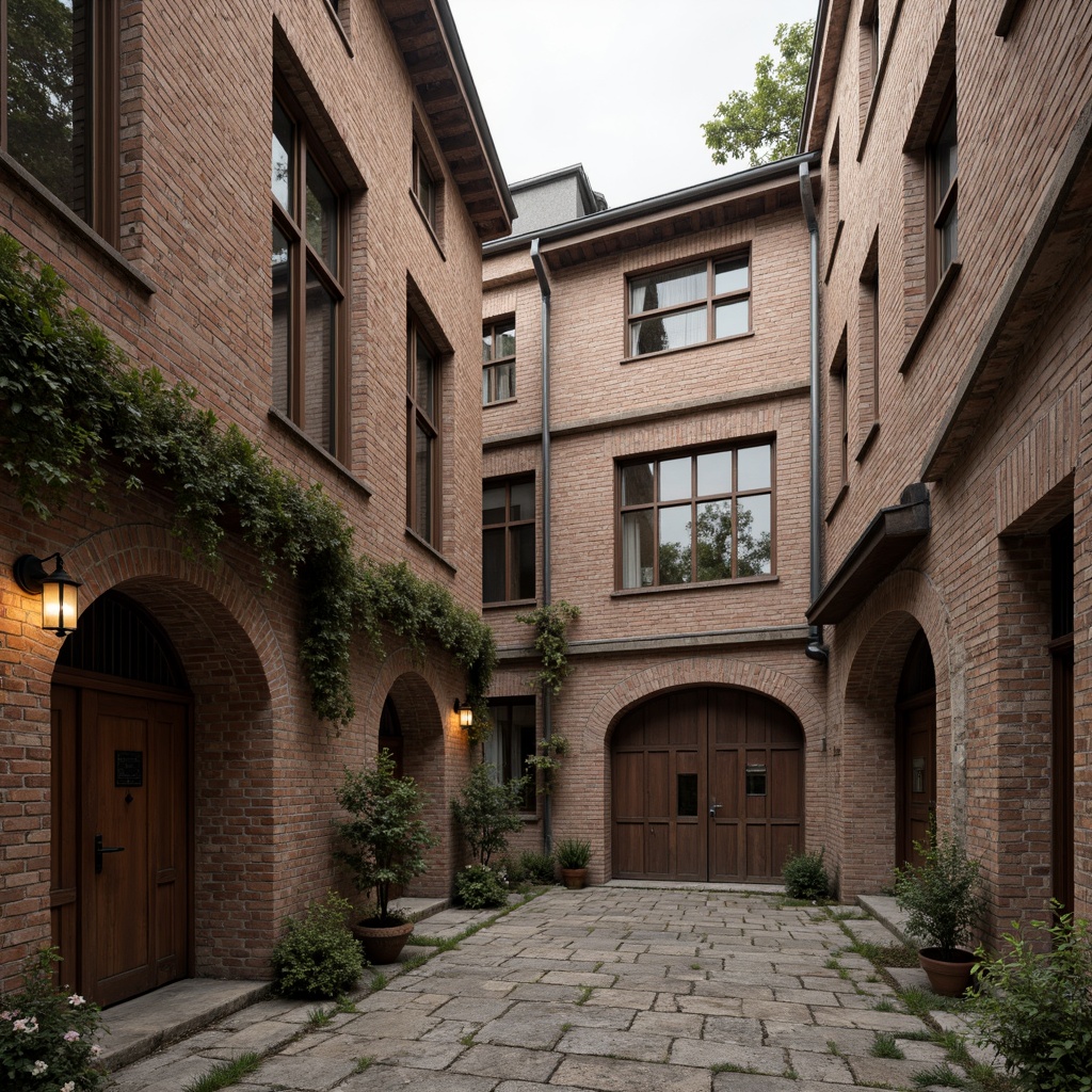 Prompt: Rustic brick buildings, exposed stone walls, ornate archways, decorative cornices, intricately carved facades, worn wooden doors, vintage metal gates, distressed stonework, earthy color palette, natural textures, warm ambient lighting, shallow depth of field, 1/1 composition, realistic rendering, subtle weathering effects, atmospheric mist, historic architectural style, medieval-inspired design elements.