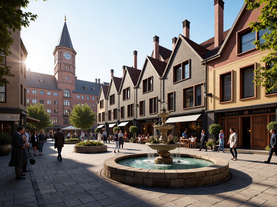 Prompt: Vibrant public plaza, ornate fountain, historic clock tower, eclectic pub architecture, brick and stone facade, steeply pitched roofs, decorative chimneys, colorful ceramic tiles, intricate wooden doors, ornate metalwork, rustic lanterns, lively street performers, bustling crowd, warm afternoon sunlight, soft shadows, 1/1 composition, atmospheric perspective, high-contrast textures, detailed normal maps.