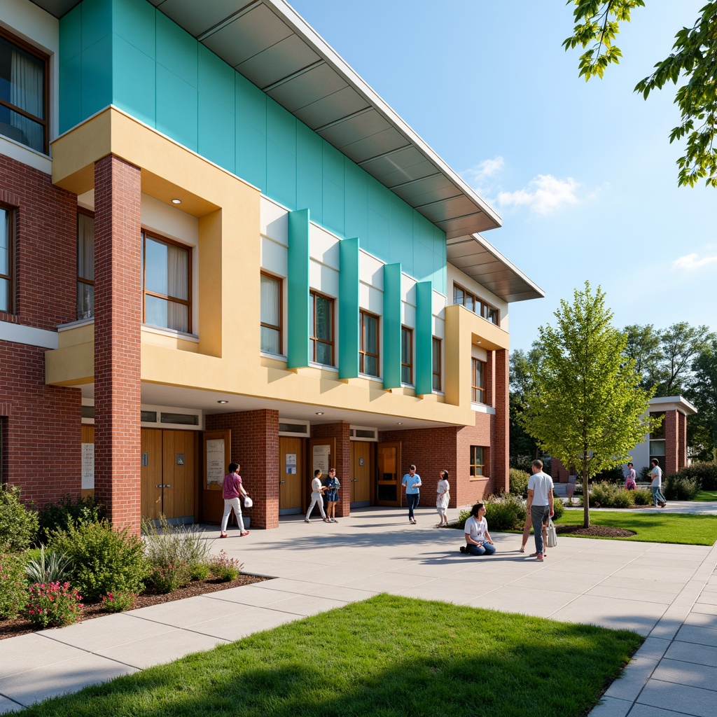 Prompt: Vibrant high school building, bold brick facade, bright turquoise accents, warm beige stucco, rich wooden doors, modern steel frames, large glass windows, sleek aluminum roofing, lively courtyard, blooming flowerbeds, lush green lawns, sunny afternoon, soft natural lighting, shallow depth of field, 1/1 composition, realistic textures, ambient occlusion.