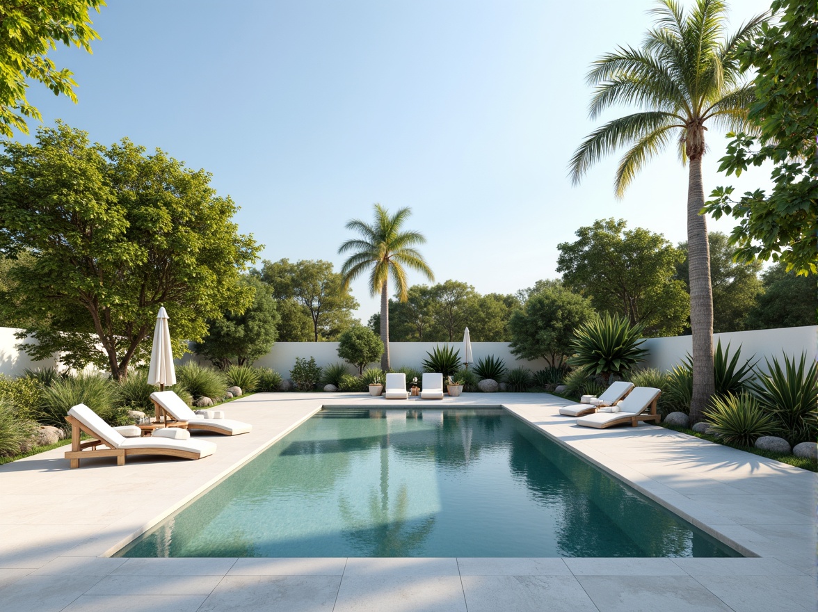 Prompt: Minimalist swimming pool, rectangular shape, clean lines, simple elegance, concrete or fiberglass material, pure white or light gray color, subtle texture, minimal ornamentation, natural surroundings, lush greenery, palm trees, sunny day, soft warm lighting, shallow depth of field, 3/4 composition, panoramic view, realistic reflections, ambient occlusion.