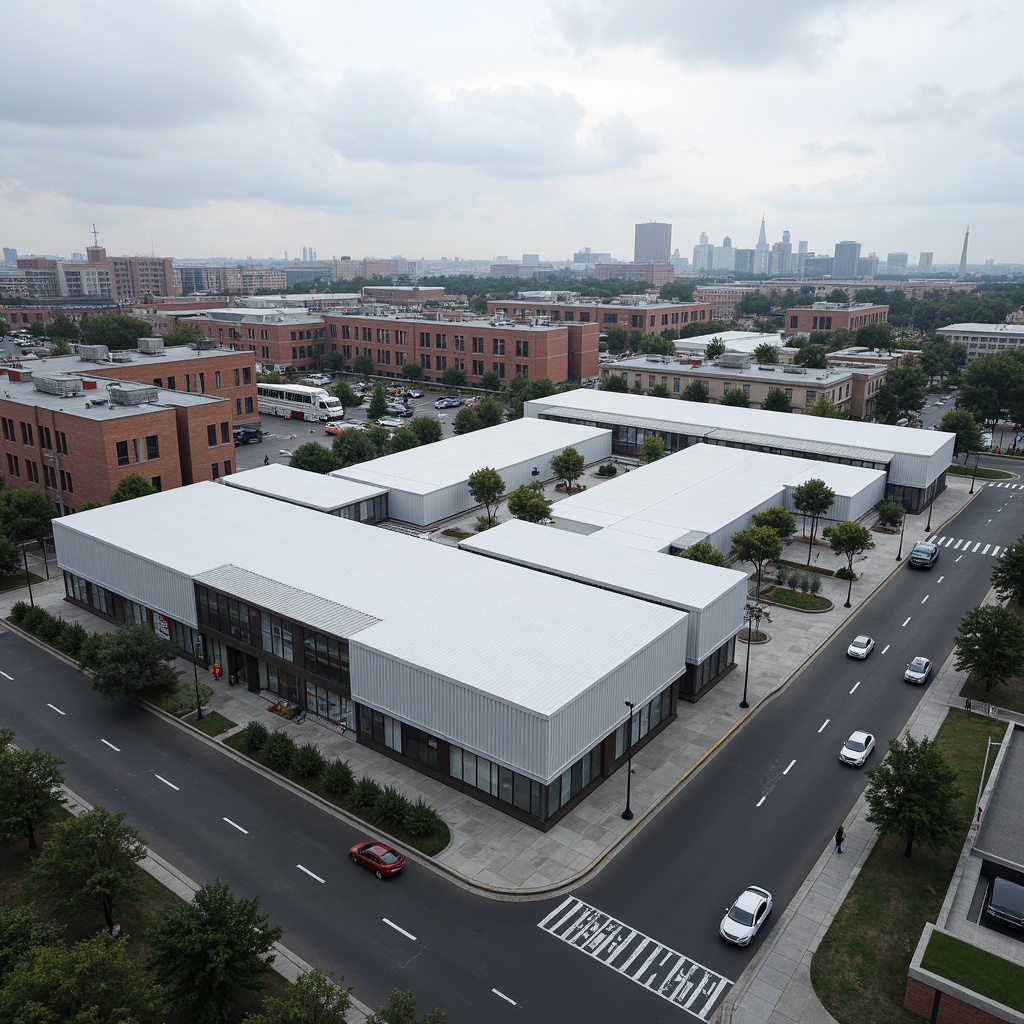 Prompt: Modern distribution center, international style, clean lines, minimal ornamentation, functional simplicity, rectangular forms, flat roofs, large windows, metal frames, concrete walls, industrial materials, urban landscape, busy streets, city skyline, cloudy day, soft diffused lighting, shallow depth of field, 2/3 composition, realistic textures, ambient occlusion.