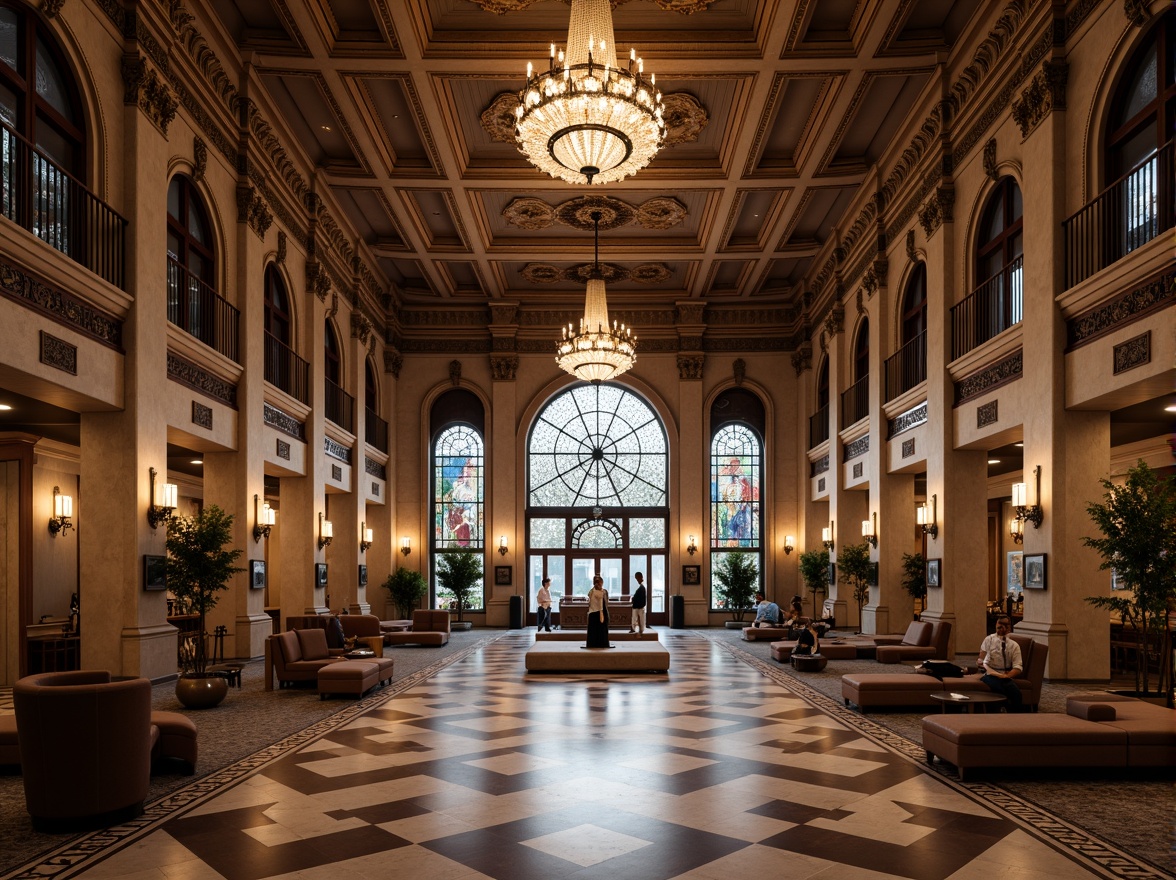 Prompt: Grand banking hall, symmetrical layout, ornate columns, intricate stone carvings, high ceilings, majestic chandeliers, elegant marble floors, rich wood paneling, imposing archways, stunning stained glass windows, subtle warm lighting, soft focus, 1/1 composition, realistic textures, ambient occlusion.