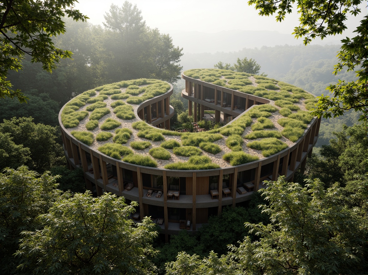 Prompt: Harmonious building integration, lush green roofs, living walls, natural stone fa\u00e7ades, curved lines, organic architecture, serene forest surroundings, misty atmosphere, warm sunlight filtering, dappled shadows, rustic wooden accents, earthy color palette, ecological balance, sustainable design, native plant species, meandering pathways, scenic lookout points, panoramic views, 3/4 composition, soft focus blur, ambient occlusion.