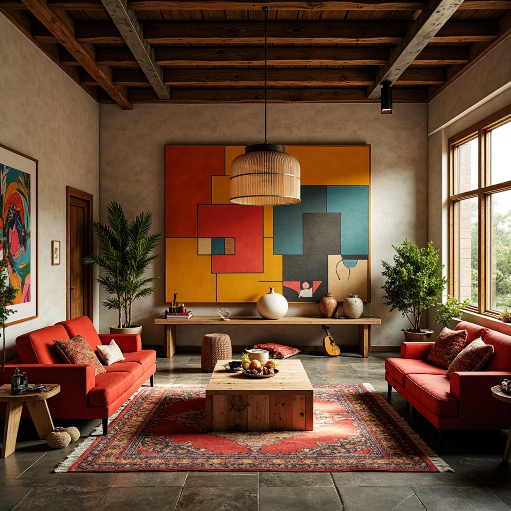 Prompt: Vibrant artistic studio, eclectic furniture, bold color blocks, abstract artwork, creative lighting fixtures, textured rugs, industrial metal accents, reclaimed wood walls, natural stone floors, bohemian-inspired decor, warm golden lighting, shallow depth of field, 1/1 composition, panoramic view, realistic textures, ambient occlusion.