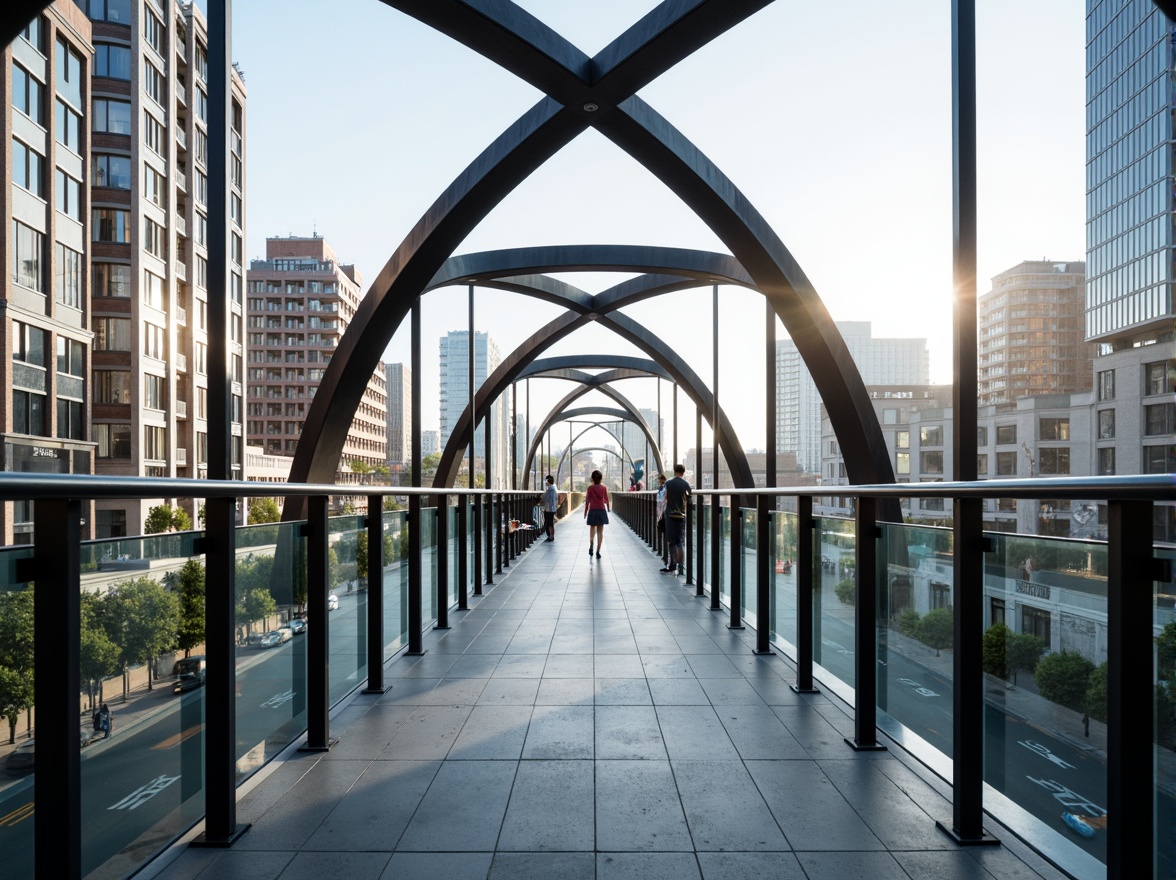 Prompt: Modern steel arch bridge, sleek glass elements, minimalist railings, transparent glass floors, reflective glass surfaces, industrial materials, urban cityscape, busy traffic flow, daytime natural light, soft warm glow, shallow depth of field, 3/4 composition, symmetrical balance, geometric shapes, functional simplicity, structural innovation, avant-garde spirit.