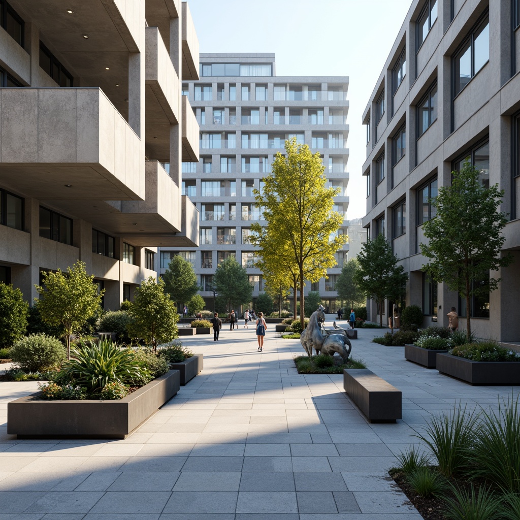 Prompt: Geometric office building, clean lines, rectangular forms, industrial materials, brutalist architecture, urban landscape, paved walkways, minimalist planters, succulent arrangements, modern sculptures, abstract art pieces, steel benches, concrete pavements, functional lighting, shaded outdoor spaces, afternoon sunlight, high contrast shadows, 1/1 composition, symmetric framing, realistic textures, ambient occlusion.