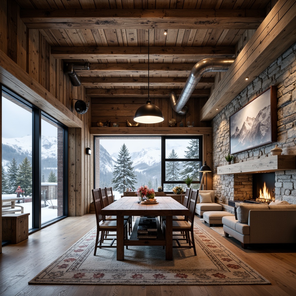 Prompt: Rustic ski lodge, eclectic mix of materials, wooden accents, reclaimed wood, metal frames, industrial pipes, vintage ski equipment, distressed finishes, earthy color palette, natural stone walls, rough-hewn timber beams, exposed ductwork, modern minimalist lighting, warm cozy atmosphere, snow-capped mountains, frosty windows, snowy day, soft warm lighting, shallow depth of field, 1/2 composition, cinematic view, realistic textures, ambient occlusion.