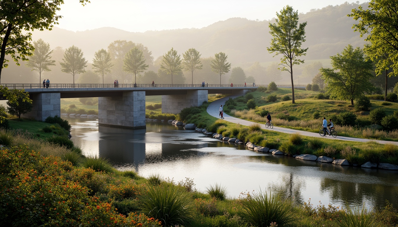 Prompt: Scenic bridge, harmonious landscape integration, gentle river flow, lush greenery, vibrant wildflowers, natural stone piers, steel arches, modern infrastructure, pedestrian walkways, cycling paths, safety railings, soft warm lighting, misty morning atmosphere, shallow depth of field, 3/4 composition, panoramic view, realistic textures, ambient occlusion.