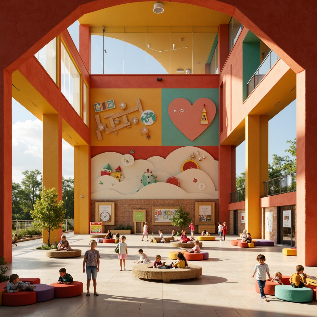 Prompt: Vibrant kindergarten, structuralist architecture, bold primary colors, playful textures, wooden blocks, geometric patterns, educational murals, interactive exhibits, cozy reading nooks, circular tables, colorful chairs, natural light, soft warm atmosphere, shallow depth of field, 1/1 composition, symmetrical view, realistic materials, ambient occlusion, gentle shadows, creamy pastel hues.