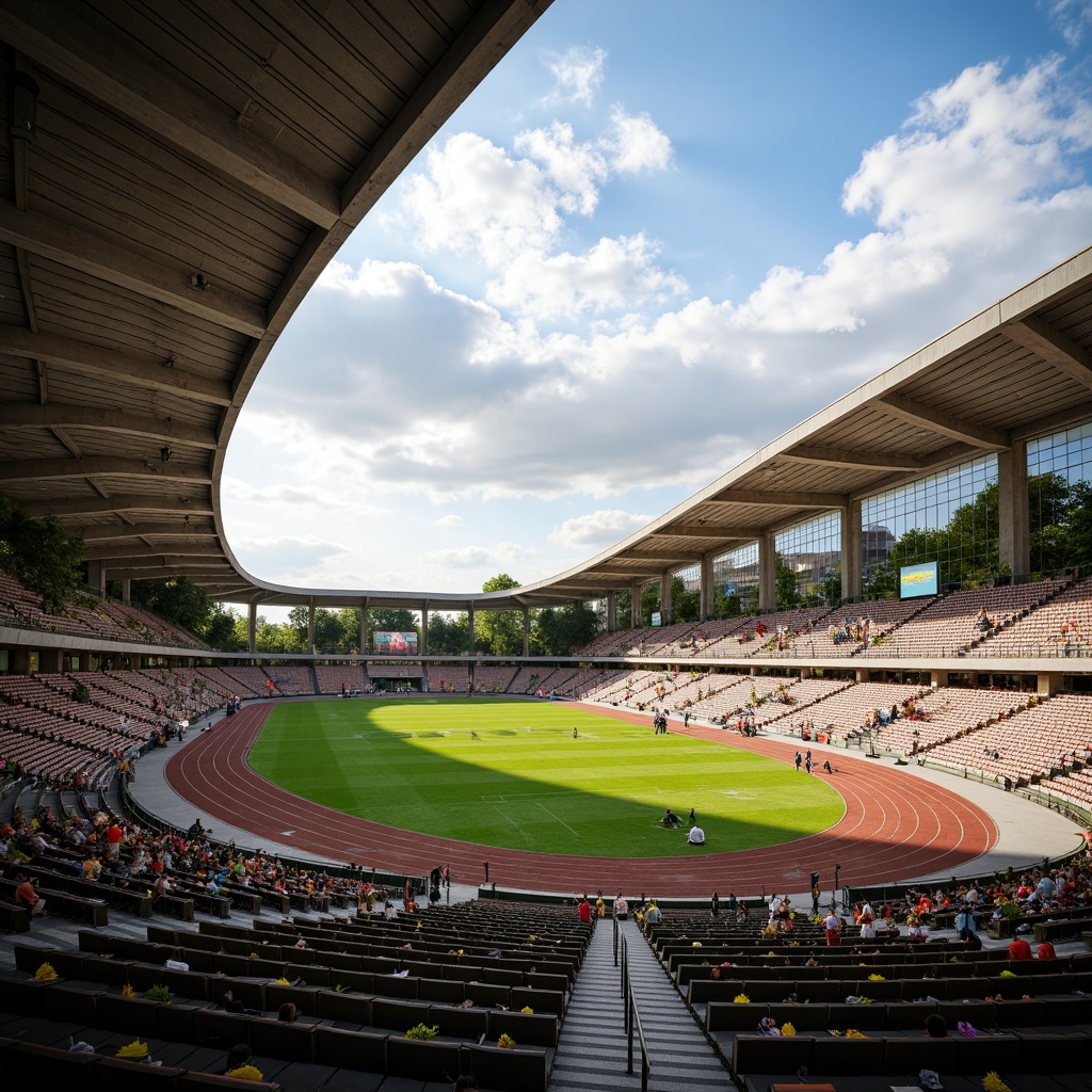 Prompt: Grandstand seating, lush green grass, vibrant athletic tracks, sleek metal railings, rustic stone walls, modern stadium architecture, cantilevered roofs, expansive glass facades, dynamic LED lighting, warm sunny day, dramatic cloud formations, low-angle shot, 1/2 composition, realistic textures, ambient occlusion, rough concrete surfaces, smooth wooden accents, intricate steel beams, bold color schemes.