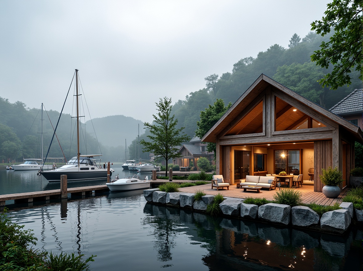 Prompt: Waterfront location, wooden dock, sailboats, rustic boathouse, natural stone foundation, cedar shingle roof, wooden accents, nautical decor, warm lighting, cozy interior, comfortable furniture, scenic views, surrounding trees, lush greenery, calm water reflections, soft misty atmosphere, 1/2 composition, realistic textures, subtle color palette, serene ambiance.