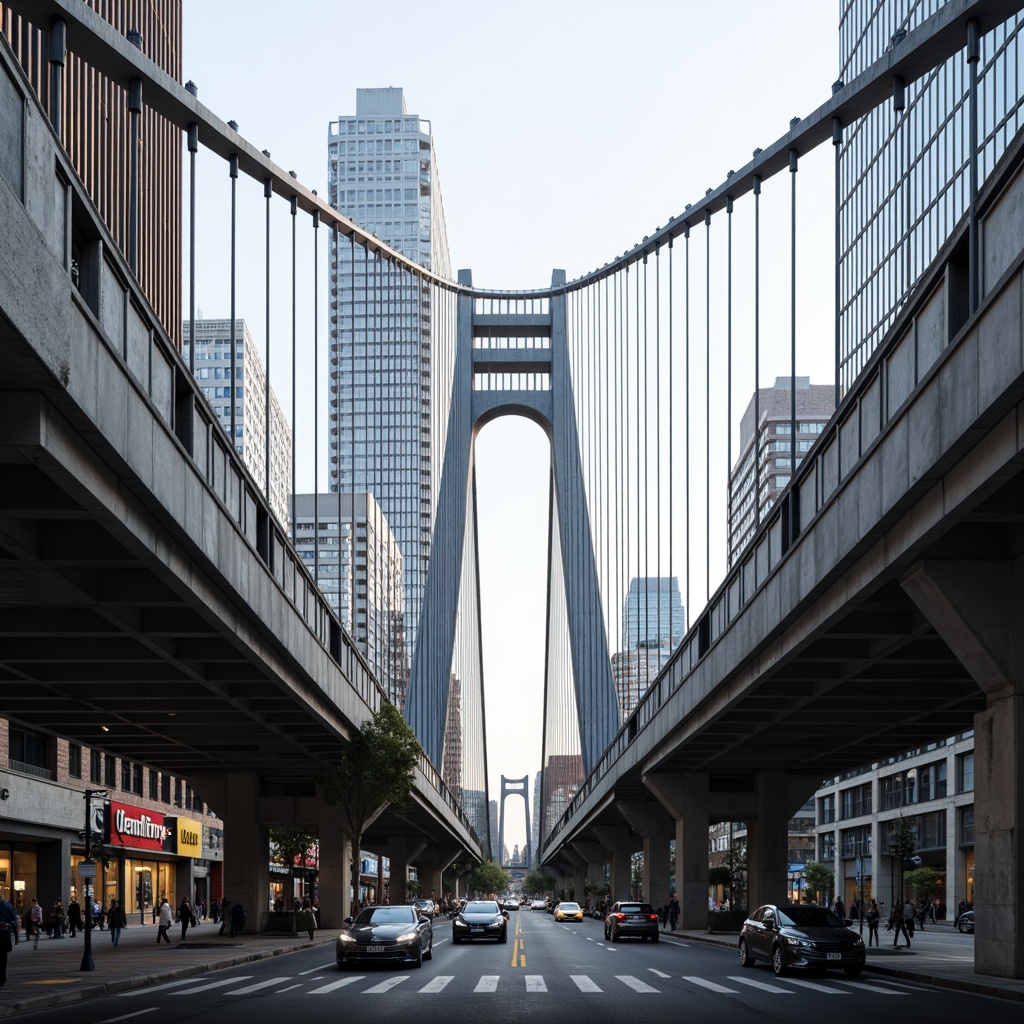 Prompt: Sleek vehicular bridge, international style, steel arches, suspension cables, minimalist piers, cantilevered roadways, aerodynamic shapes, futuristic design, metallic latticework, silver-gray color scheme, urban cityscape, busy traffic flow, dramatic lighting effects, low-angle shots, 1/2 composition, high-contrast textures, ambient occlusion.