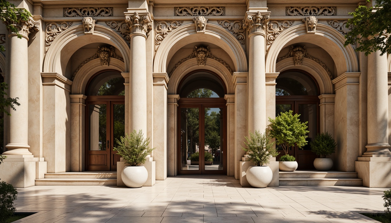 Prompt: Ornate clinic facade, Renaissance-style columns, ornamental stone carvings, grand entrance arches, symmetrical composition, rusticated quoins, arched windows, decorative cornices, classical pediments, marble flooring, warm beige stonework, subtle color palette, soft natural lighting, shallow depth of field, 1/2 composition, detailed textures, ambient occlusion, tranquil atmosphere.