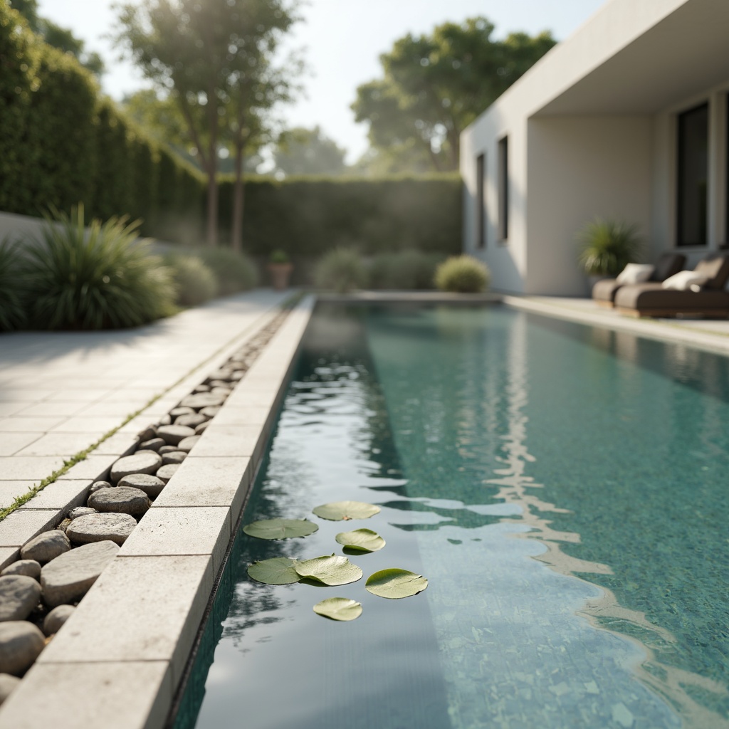 Prompt: Calming pool scene, minimalistic design, serene atmosphere, gentle water ripples, soft natural light, creamy white concrete surroundings, sleek modern coping stones, subtle grey stone accents, understated aquatic plants, delicate lily pads, refreshing blue-green water color, shallow depth of field, 1/1 composition, soft focus, warm ambient lighting, realistic water textures, atmospheric misting effect.