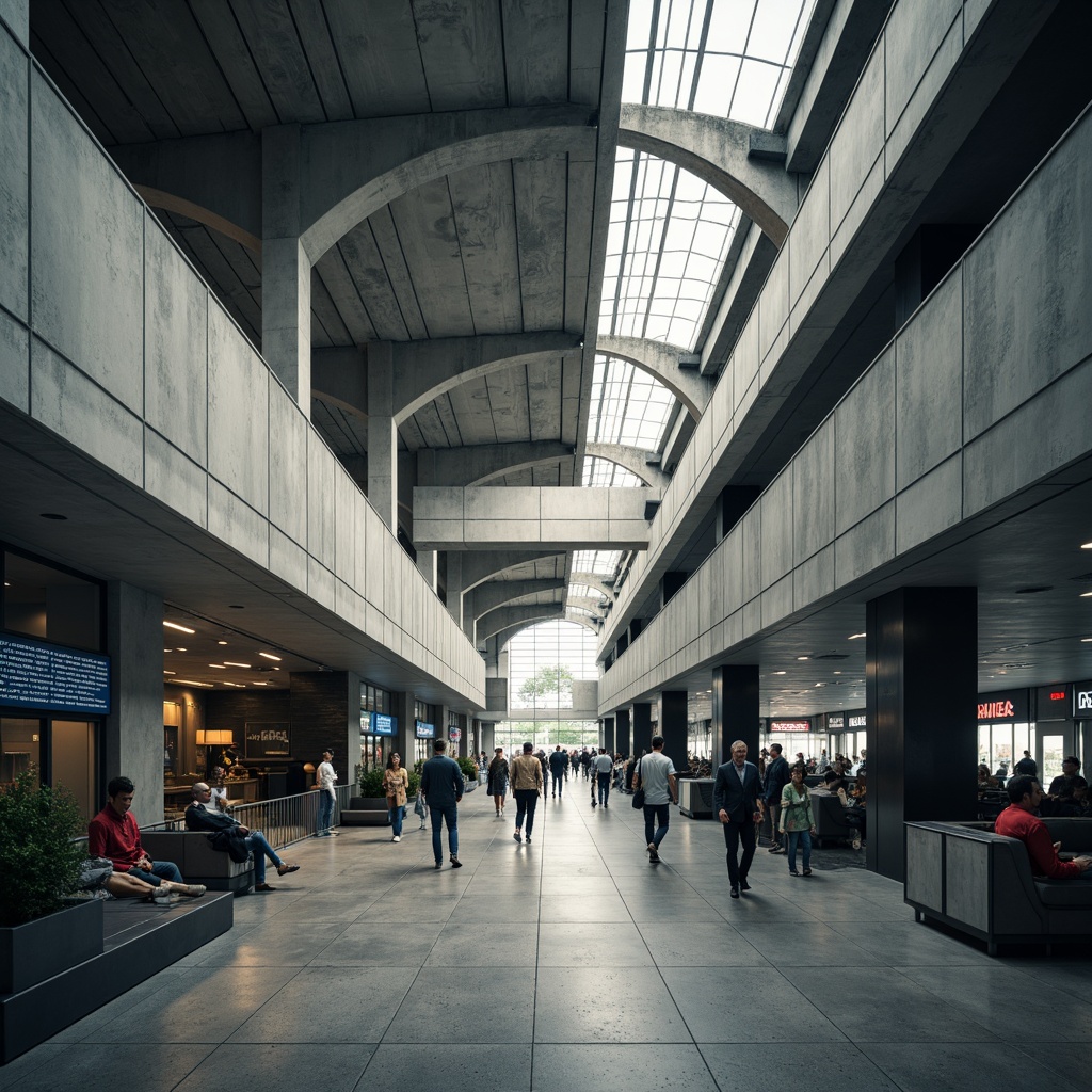 Prompt: Exposed concrete walls, industrial metal beams, raw unfinished surfaces, functional minimalism, atmospheric airport ambiance, bustling passenger traffic, departure board displays, sleek modern signage, steel column supports, poured concrete flooring, brutalist architectural style, dramatic natural light, clerestory windows, angular geometric shapes, utilitarian furniture design, cold harsh lighting, 1/1 composition, shallow depth of field, realistic textures.