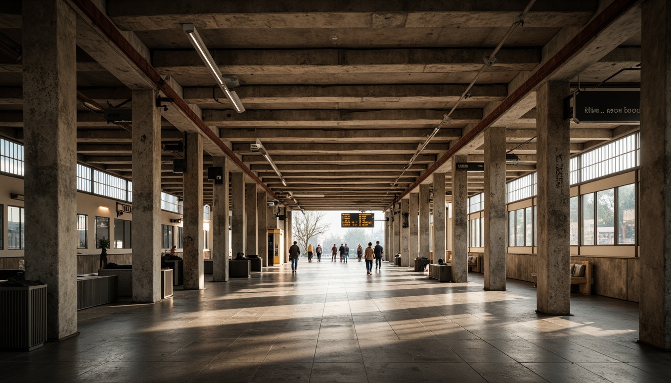 Prompt: Exposed concrete columns, rugged stone walls, industrial-style steel beams, functional pipe work, minimalist signage, brutalist architecture, urban metro station, busy city life, morning rush hour, soft natural light, warm color tones, shallow depth of field, 3/4 composition, symmetrical framing, realistic textures, ambient occlusion.