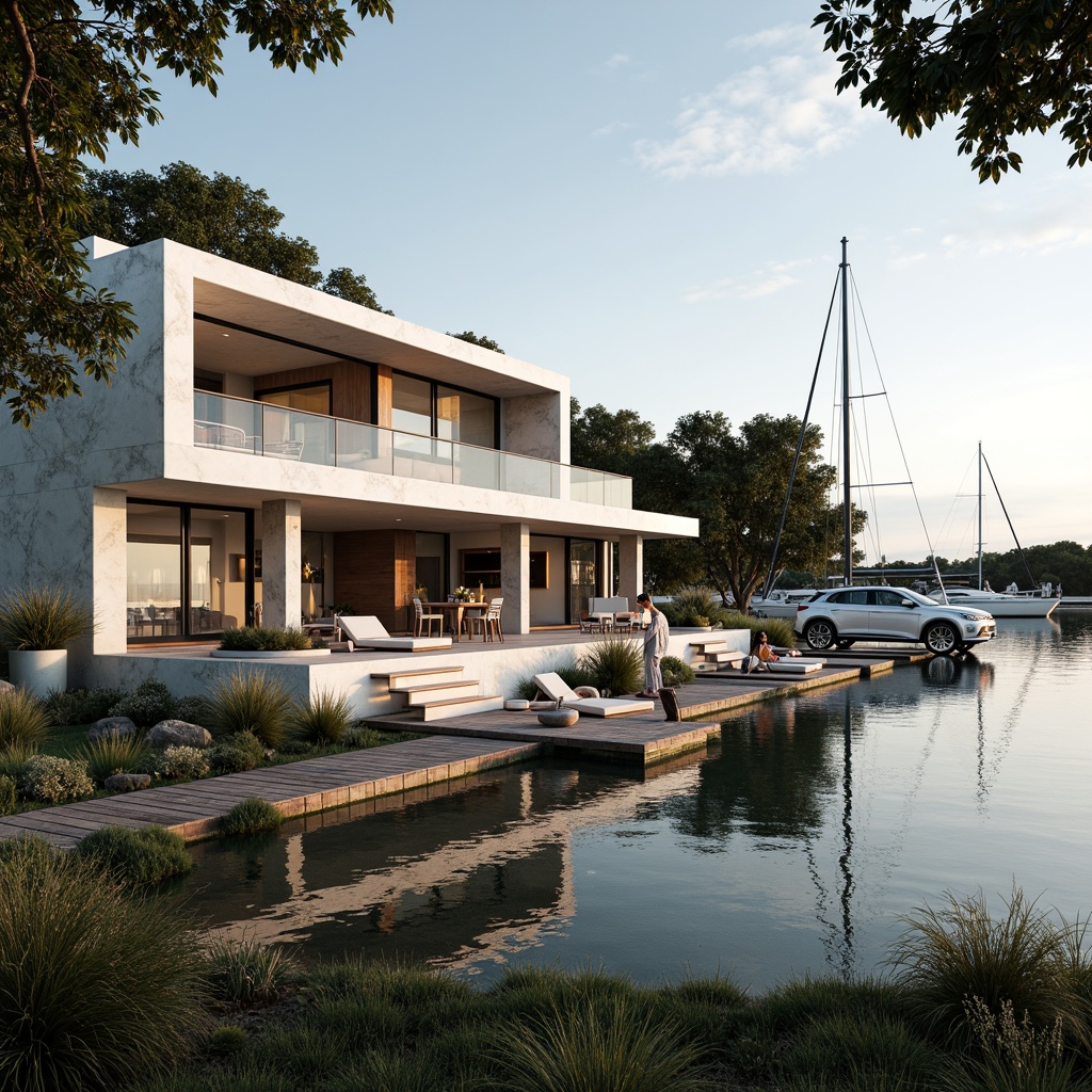 Prompt: Waterfront boathouse, rustic wooden docks, serene lake scenery, sailboats and yachts, luxurious marble cladding, white granite accents, sleek modern design, floor-to-ceiling windows, sliding glass doors, open-plan living areas, nautical-themed decor, soft warm lighting, shallow depth of field, 3/4 composition, panoramic views, realistic textures, ambient occlusion.