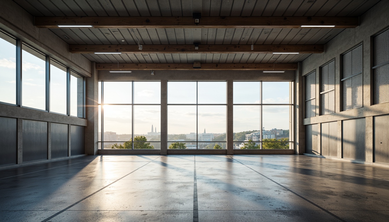 Prompt: Modern gymnasium, sustainable materials, recycled rubber flooring, eco-friendly polyurethane coatings, translucent polycarbonate walls, perforated metal panels, LED lighting systems, minimalist design, open space concept, high ceilings, industrial chic aesthetic, urban landscape views, morning sunlight, soft natural lighting, 1/1 composition, shallow depth of field, realistic textures, ambient occlusion.