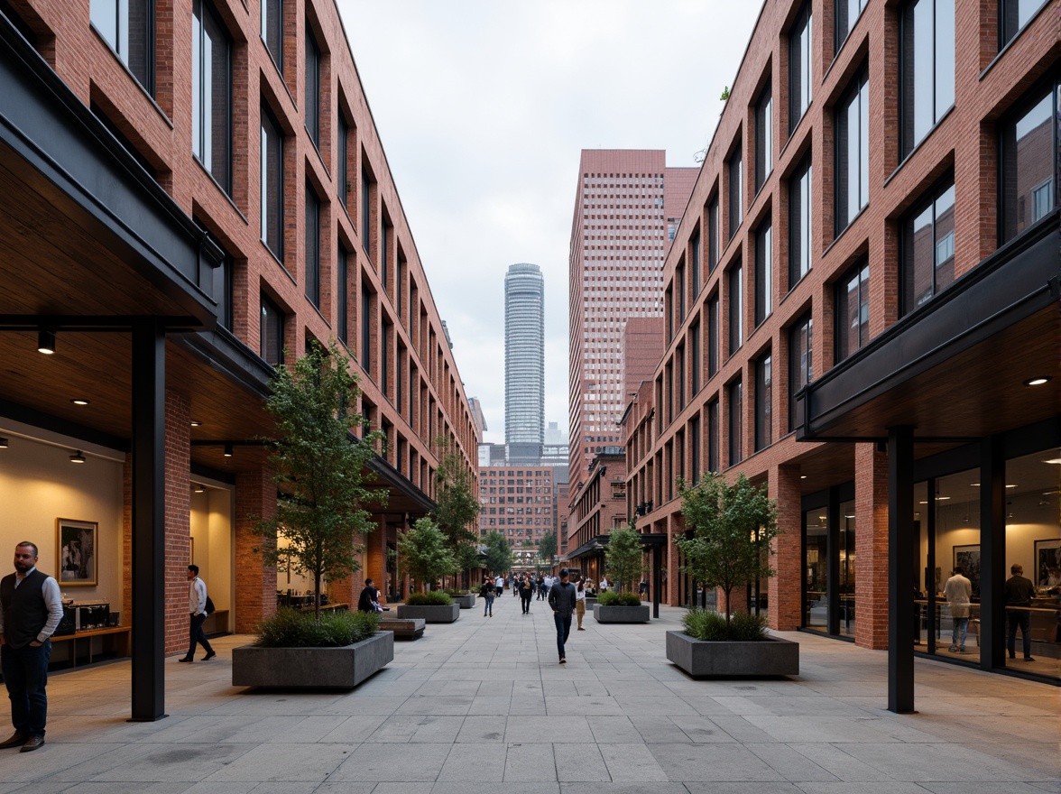 Prompt: Industrial-style buildings, exposed brick facades, steel beams, concrete floors, glass roofs, minimalist decorative elements, functional simplicity, rectangular forms, bold color schemes, abstract geometric patterns, distressed wood accents, metal pipes, industrial lighting fixtures, urban cityscape backgrounds, overcast skies, dramatic shadows, low-key lighting, 2/3 composition, symmetrical framing.