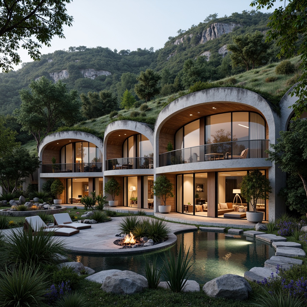 Prompt: Villa facade blending with natural surroundings, curved lines, earthy tones, lush green roofs, cascading water features, organic shapes, rustic stone walls, wooden accents, panoramic views, seamless indoor-outdoor transitions, floor-to-ceiling windows, sliding glass doors, cozy outdoor seating areas, lantern-style lighting, warm ambient glow, soft focus, shallow depth of field, 1/2 composition, cinematic perspective, highly detailed textures, realistic atmospheric effects.