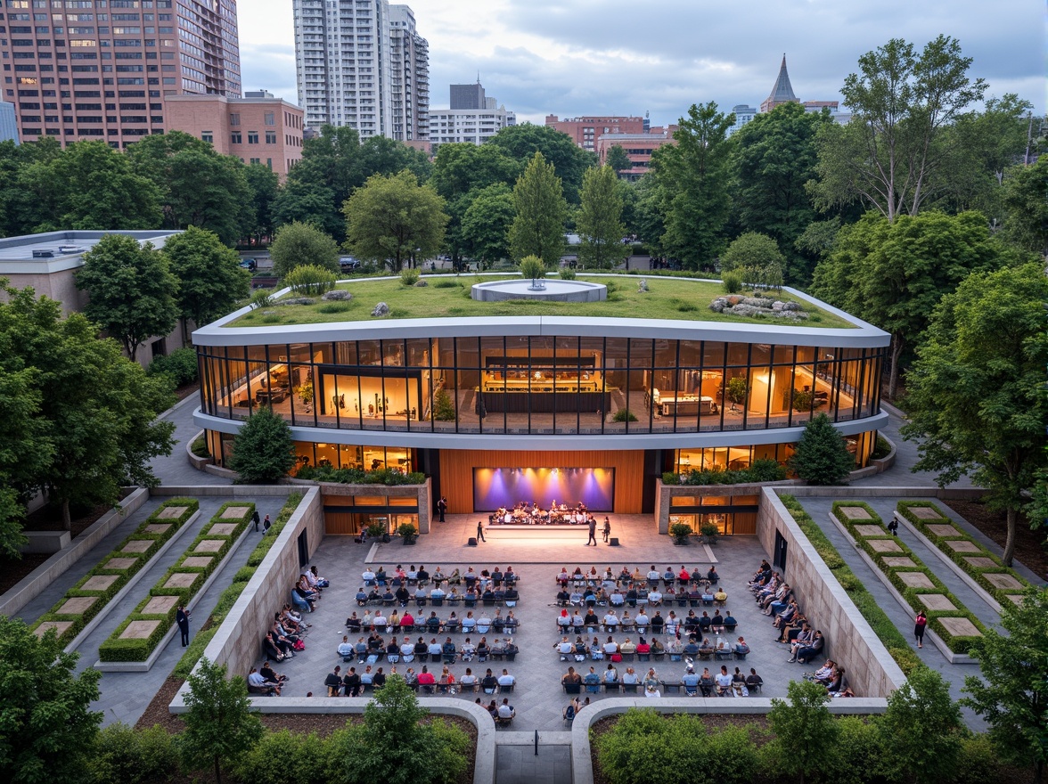 Prompt: Vibrant performing arts center, curved glass fa\u00e7ade, lush green roofs, living walls, natural stone patios, amphitheater seating, outdoor stage, dynamic light installations, misting systems, urban forest backdrop, modern architecture, sleek metal beams, wooden accents, flexible performance spaces, adaptive acoustics, state-of-the-art sound systems, colorful textiles, patterned flooring, 3/4 composition, shallow depth of field, panoramic view, realistic textures, ambient occlusion.