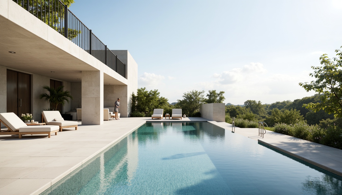 Prompt: \Sleek modern pool, minimalist design, calm atmosphere, soft neutral tones, creamy whites, gentle blues, pale grays, natural stone surroundings, lush greenery, subtle water features, infinity edge, shallow depth of field, 1/1 composition, warm sunny day, soft diffused lighting, realistic reflections, ambient occlusion.\