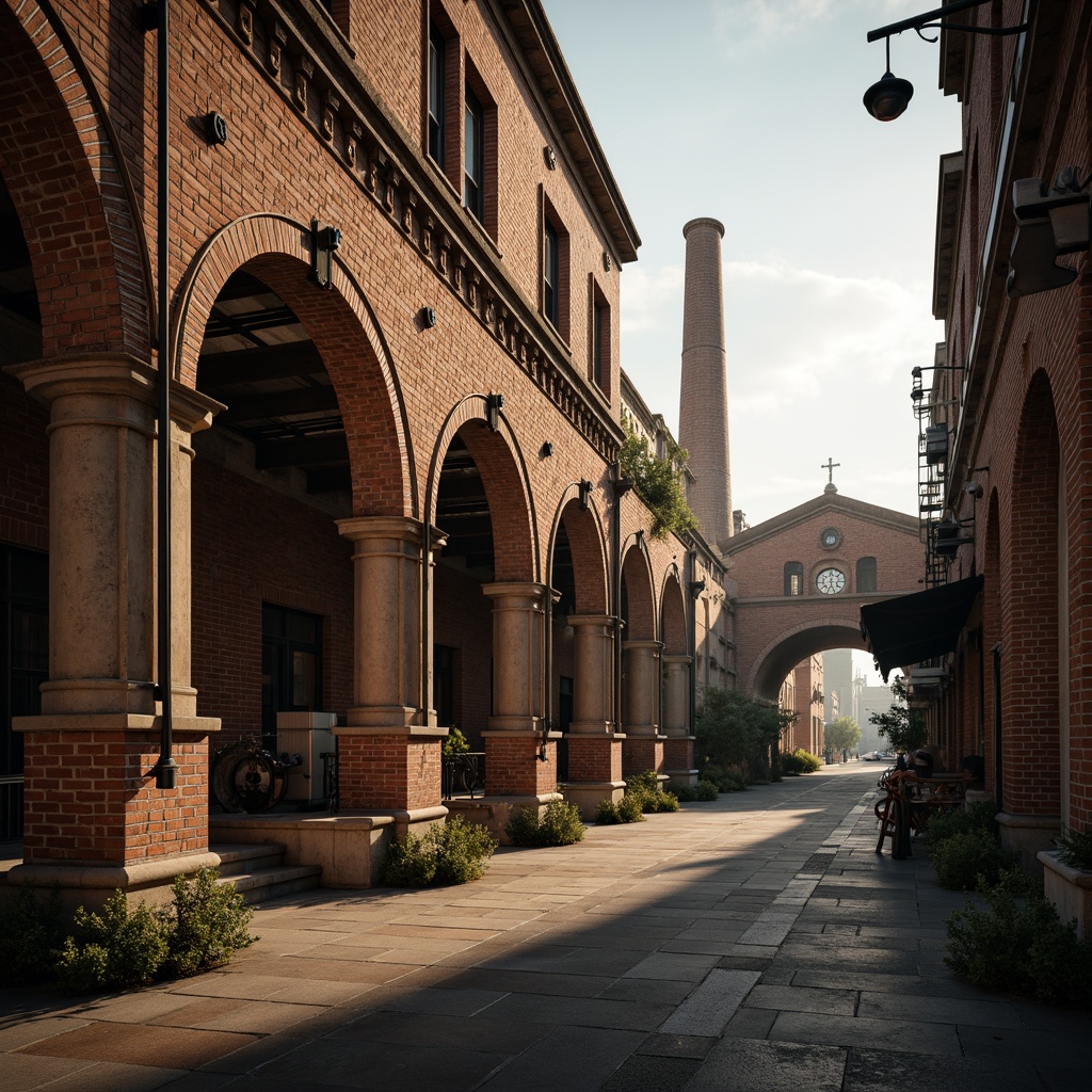 Prompt: Rustic industrial landscape, aged brick facade, ornate classical columns, grand entrance arches, majestic clock towers, intricate stone carvings, vintage machinery silhouettes, worn steel pipes, distressed concrete textures, warm golden lighting, dramatic shadows, 1/2 composition, atmospheric perspective, realistic rust effects, ambient occlusion.Note