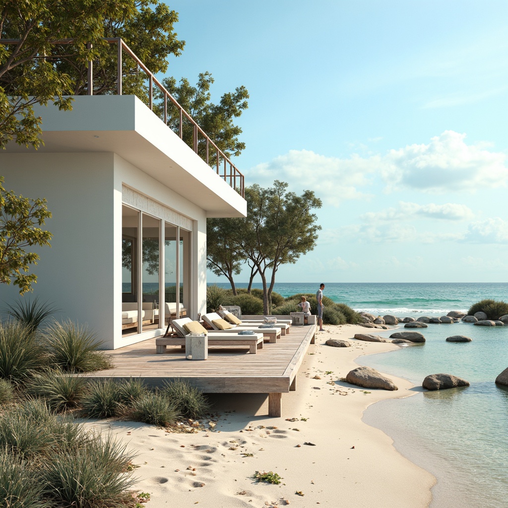 Prompt: Coastal beachside villas, soft sandy dunes, calm turquoise waters, driftwood accents, weathered wooden decks, nautical rope details, coral-inspired color palette, pastel hues, sea salt textures, ocean breeze, warm sunlight, shallow depth of field, 1/1 composition, realistic renderings, ambient occlusion.