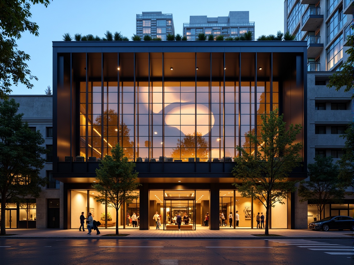 Prompt: Dramatic theater facade, modernist architecture style, bold geometric shapes, angular lines, contrasting materials, sleek metal frames, glass curtain walls, cantilevered balconies, minimalist ornamentation, functional simplicity, urban cityscape background, evening ambiance, warm golden lighting, shallow depth of field, 1/1 composition, symmetrical framing, high-contrast colors, abstract patterned textiles, avant-garde art installations.