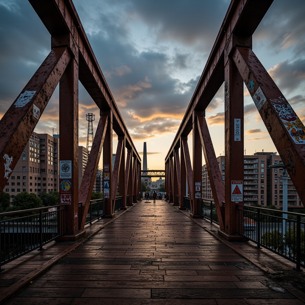 Prompt: Rustic steel bridges, industrial urban landscape, weathered metal textures, warm earthy tones, muted blue-grey skies, dramatic sunsets, atmospheric mist, bold structural lines, sturdy pillars, riveted details, worn wooden planks, distressed concrete surfaces, vibrant graffiti accents, moody evening lighting, high-contrast shadows, 1/2 composition, cinematic framing.