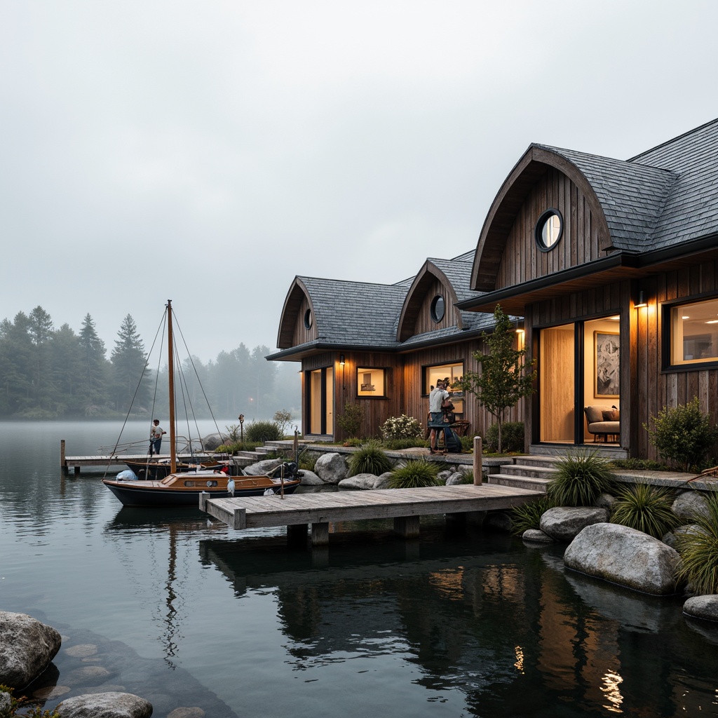 Prompt: Waterfront boathouse, rustic wooden dock, nautical ropes, porthole windows, curved rooflines, natural stone foundations, weathered wood accents, marine-inspired color palette, serene lake views, misty morning atmosphere, soft warm lighting, shallow depth of field, 3/4 composition, panoramic view, realistic textures, ambient occlusion.